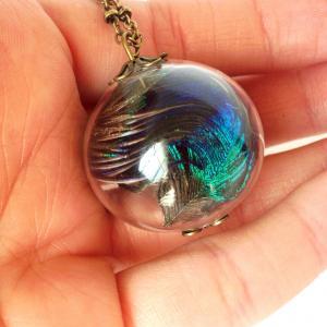Peacock Feather Large Glass Orb Necklace