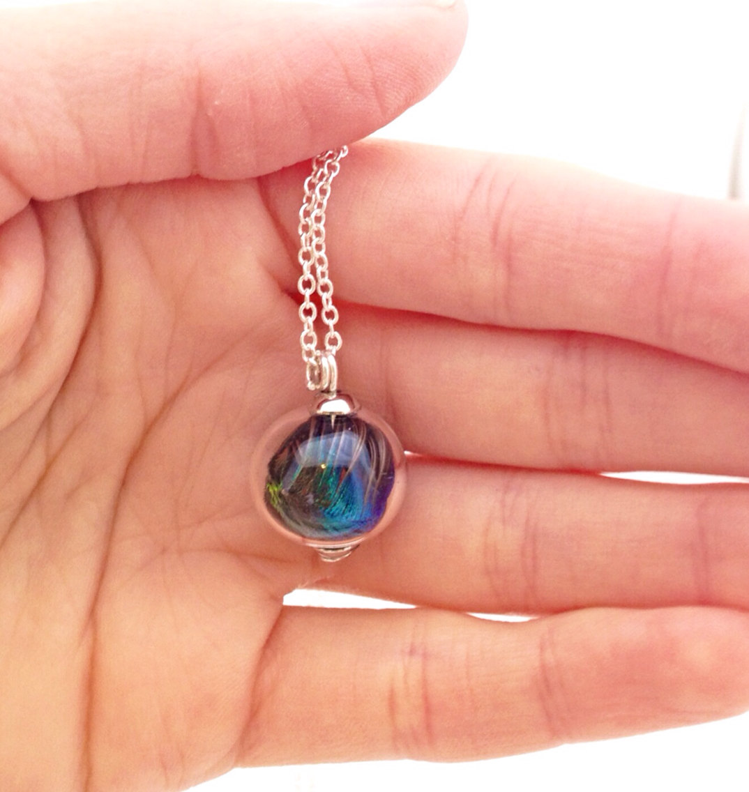 Mini Peacock Feather Glass Orb Necklace
