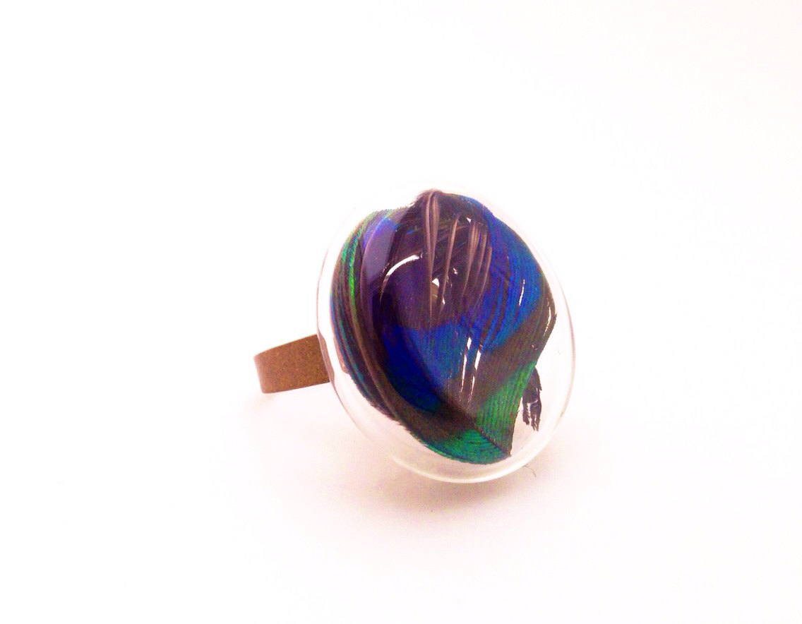 Real Peacock Feather Glass Ring